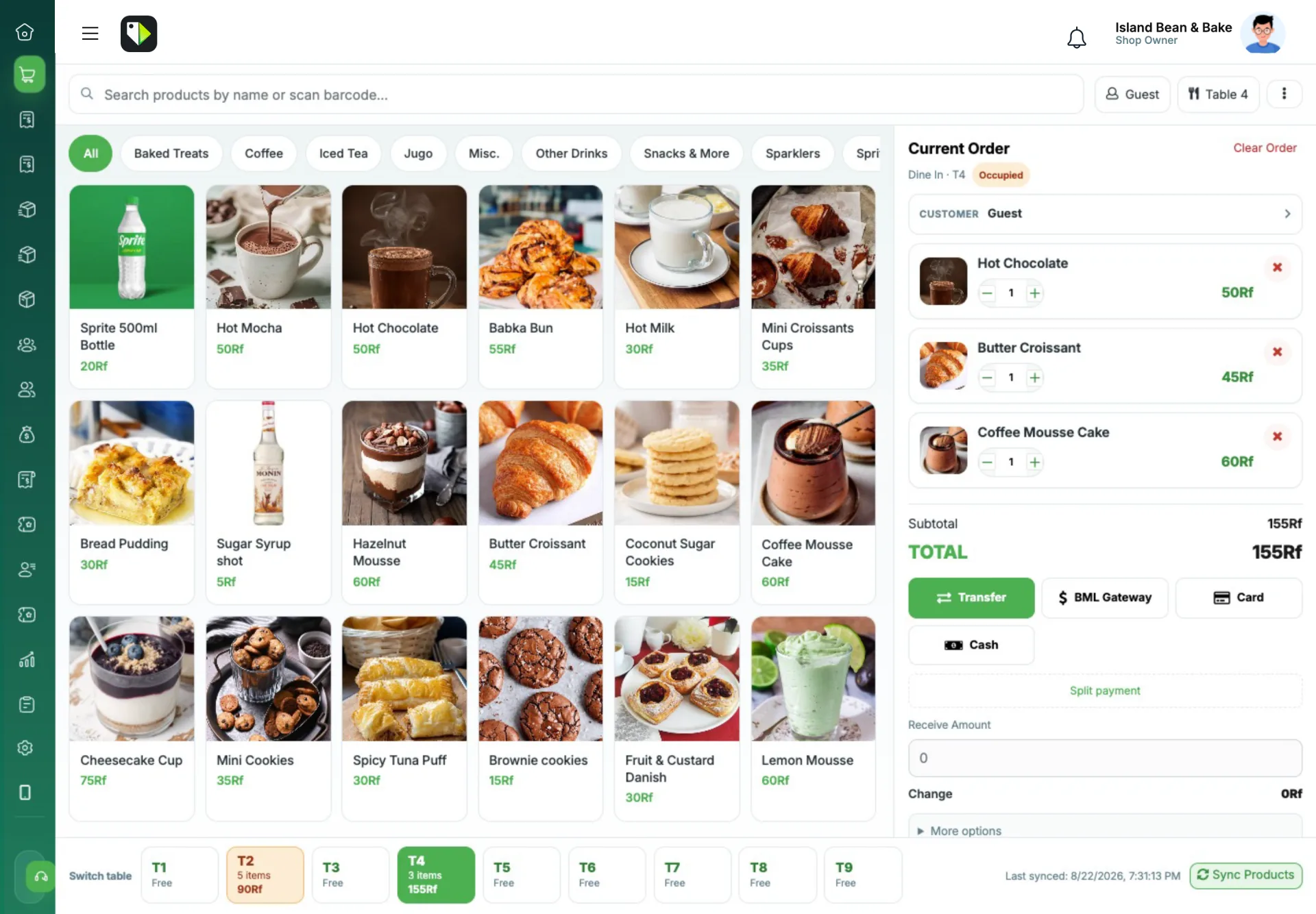 aPOS restaurant till for a Maldivian café — tables, ticket, and pay buttons in rufiyaa