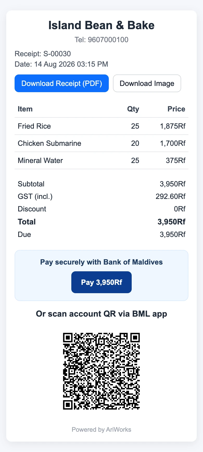 Public aPOS receipt with Pay with BML and a Bank of Maldives account QR
