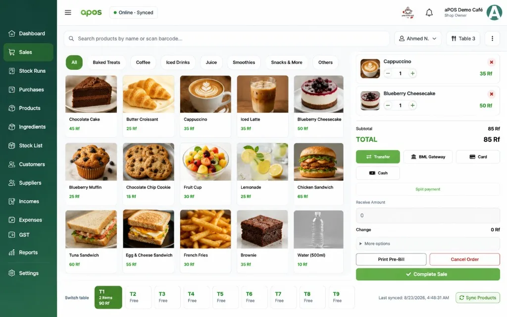 aPOS café till — product grid, Table 3 ticket, and BML Gateway on the pay row